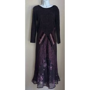 Vintage 90s Donna Jessica Knit Maxi Dress M L Patchwork Burnout Velvet Purple